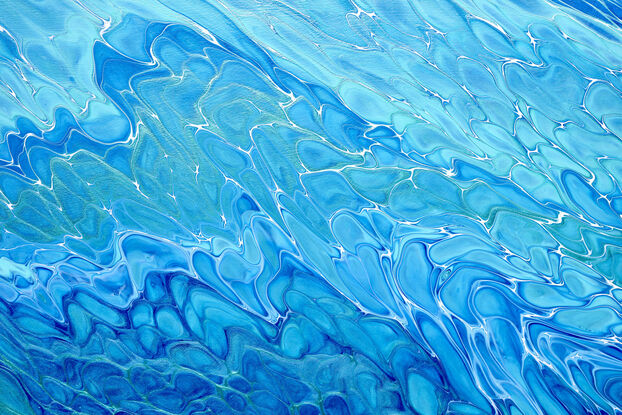 large painting in abstract of aerial of beach with white foam from waves coming into shore. The ocean is gorgeous turquoise waters, aquamarine and sparkeles like real water in the sunlight. Canwaves! almost hear the steady flow of the 