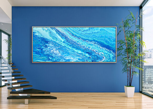 large painting in abstract of aerial of beach with white foam from waves coming into shore. The ocean is gorgeous turquoise waters, aquamarine and sparkeles like real water in the sunlight. Canwaves! almost hear the steady flow of the 