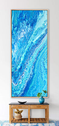 large painting in abstract of aerial of beach with white foam from waves coming into shore. The ocean is gorgeous turquoise waters, aquamarine and sparkeles like real water in the sunlight. Canwaves! almost hear the steady flow of the 