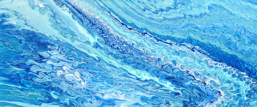 large painting in abstract of aerial of beach with white foam from waves coming into shore. The ocean is gorgeous turquoise waters, aquamarine and sparkeles like real water in the sunlight. Canwaves! almost hear the steady flow of the 