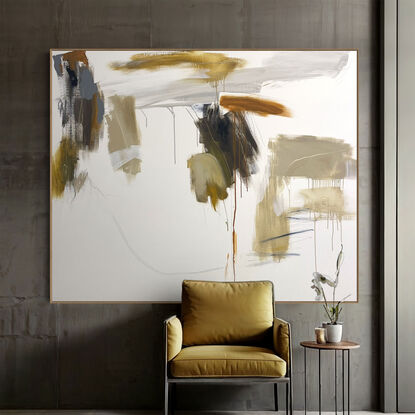 bold paint and pencil marks in light ochre with areas of white and grey, beige, tan, and navy blue expressive marks across a large canvas