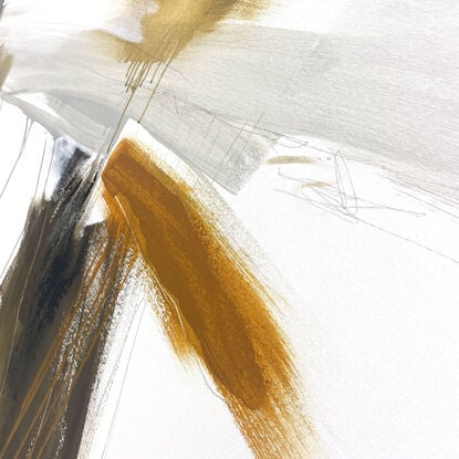 bold paint and pencil marks in light ochre with areas of white and grey, beige, tan, and navy blue expressive marks across a large canvas