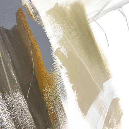 bold paint and pencil marks in light ochre with areas of white and grey, beige, tan, and navy blue expressive marks across a large canvas