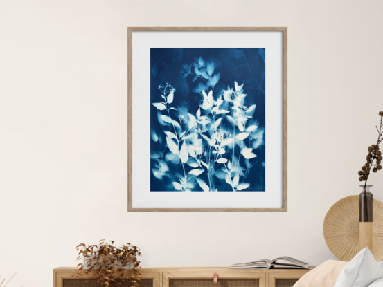 Image of branches of photinia leaves in varying shades of blue. 