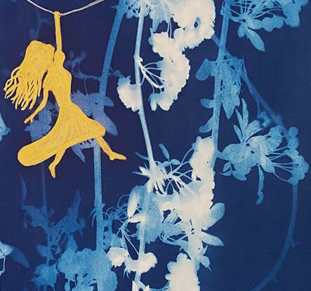 Image of branches of climbing rose branches with leaves and flowers in varying shades of blue. A gold silhouette of a girl with long hair hangs down from a vine, holding it with one hand.