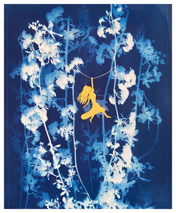 Image of branches of climbing rose branches with leaves and flowers in varying shades of blue. A gold silhouette of a girl with long hair hangs down from a vine, holding it with one hand.