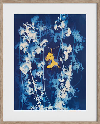 Image of branches of climbing rose branches with leaves and flowers in varying shades of blue. A gold silhouette of a girl with long hair hangs down from a vine, holding it with one hand.