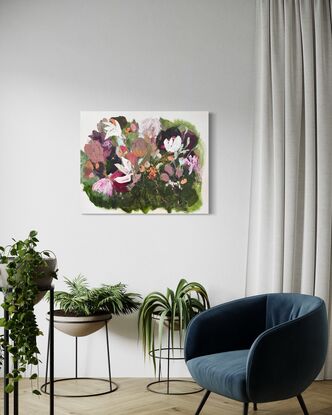 Abstract botanical artwork with bright colours and layers 