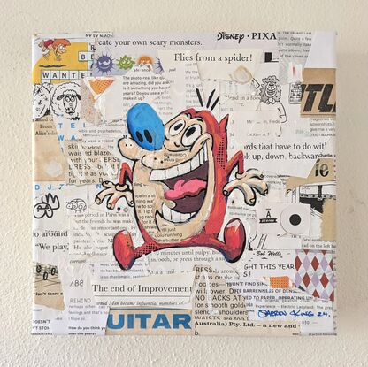 A small mixed media painting of Stimpy from The Ren & Stimpy Show