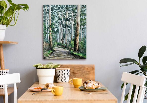 This  painting captures a peaceful and abundant Australian forest landscape . Ready to hang and varnished for protection