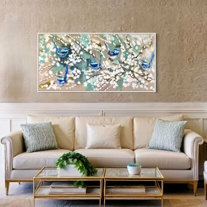 Hamptons style white cherry blossom and blue wrens 