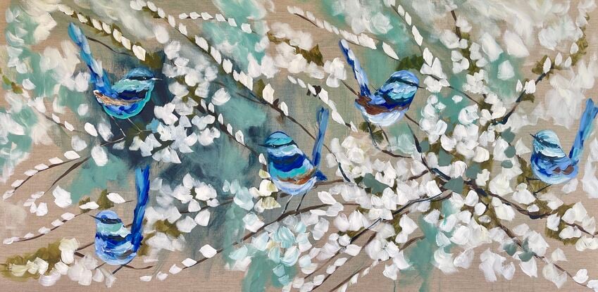 Hamptons style white cherry blossom and blue wrens 