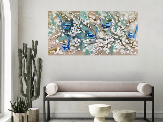 Hamptons style white cherry blossom and blue wrens 