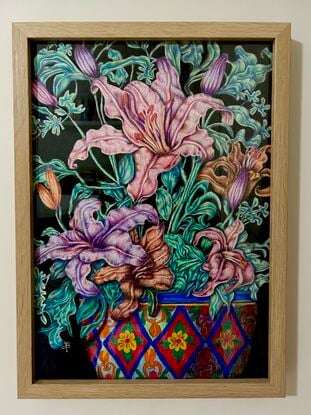 Abstract realism, fauvist, colourful flowers growing in a Mediterranean pot. 