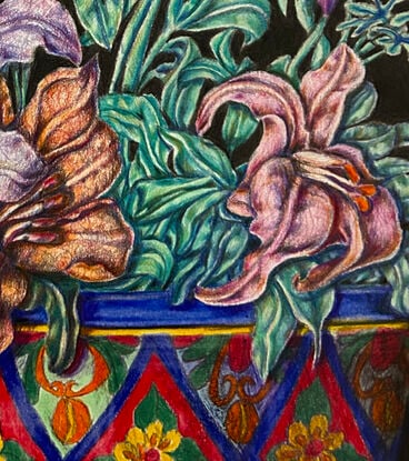 Abstract realism, fauvist, colourful flowers growing in a Mediterranean pot. 