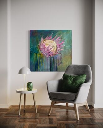 A large, single king protea bloom in bold pink colours on a blue/ green background with textural drips and layers of other colours of ochre and hot pink peeking through in small areas. 