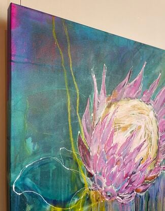 A large, single king protea bloom in bold pink colours on a blue/ green background with textural drips and layers of other colours of ochre and hot pink peeking through in small areas. 