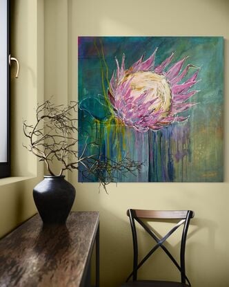 A large, single king protea bloom in bold pink colours on a blue/ green background with textural drips and layers of other colours of ochre and hot pink peeking through in small areas. 