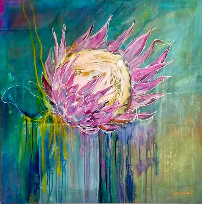 A large, single king protea bloom in bold pink colours on a blue/ green background with textural drips and layers of other colours of ochre and hot pink peeking through in small areas. 