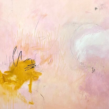 Large abstract of texture and warmth with soft hues of blush, pink and ochre.