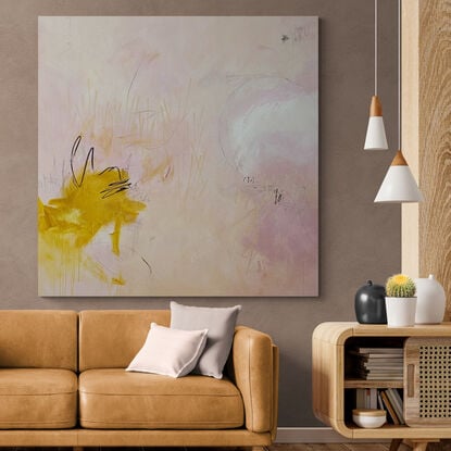 Large abstract of texture and warmth with soft hues of blush, pink and ochre.