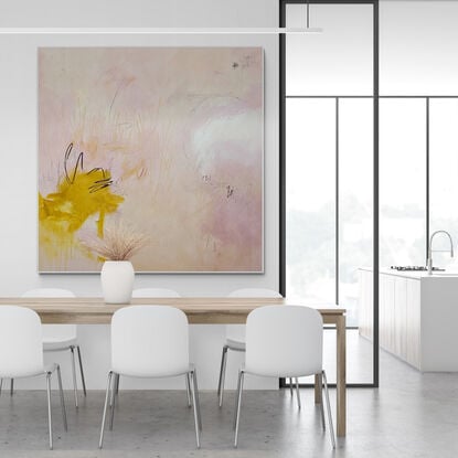 Large abstract of texture and warmth with soft hues of blush, pink and ochre.