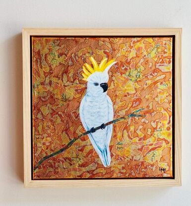 This beauty is a part of my birds collection.
I worked with metal leaf for the background there is a magical effect when light changing.
The cockatoo is made with acrylic on premium linen 
This painting is slightly varnished and framed with natural wood great quality.
Each painting is provided with a certificate of authenticity.
Wrapped securely with bubbles layers and thick cardboard.