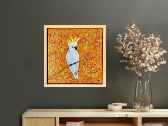 This beauty is a part of my birds collection.
I worked with metal leaf for the background there is a magical effect when light changing.
The cockatoo is made with acrylic on premium linen 
This painting is slightly varnished and framed with natural wood great quality.
Each painting is provided with a certificate of authenticity.
Wrapped securely with bubbles layers and thick cardboard.