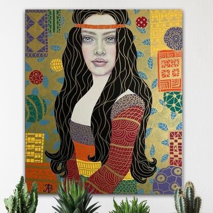 Young woman in boho style
Colourful portrait
Klimt style art
