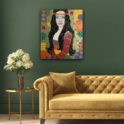 Young woman in boho style
Colourful portrait
Klimt style art
