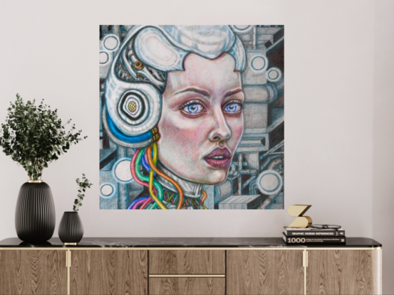 Abstract realism pop art portrait of a female looking robot or droid against an industrial backdrop 