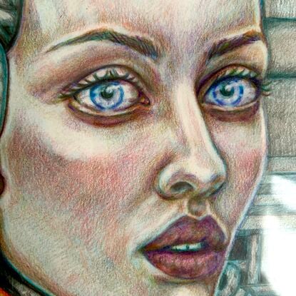 Abstract realism pop art portrait of a female looking robot or droid against an industrial backdrop 