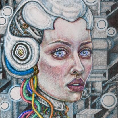 Abstract realism pop art portrait of a female looking robot or droid against an industrial backdrop 