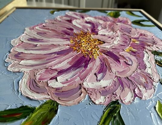 A large, textured, pink flower painted in oil paints with palette knives.