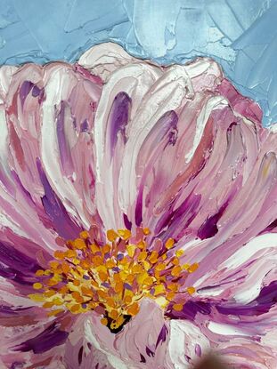 A large, textured, pink flower painted in oil paints with palette knives.