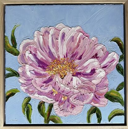 A large, textured, pink flower painted in oil paints with palette knives.