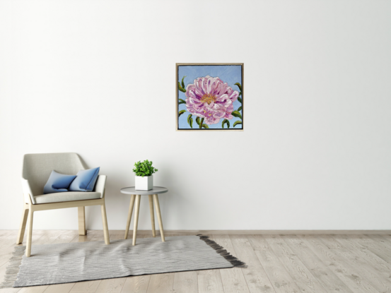 A large, textured, pink flower painted in oil paints with palette knives.