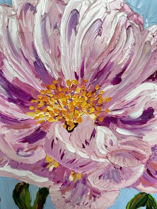 A large, textured, pink flower painted in oil paints with palette knives.