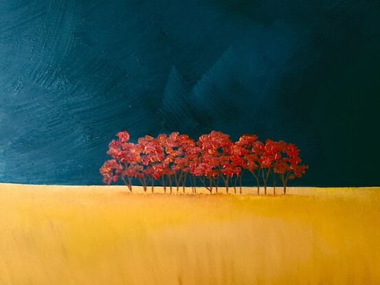 Large Australian landscape with dark teal sky and gold orange foreground with a redgum in the foreground,  stand of red trees in the distance. Lucinda Leveille, original artwork, statement