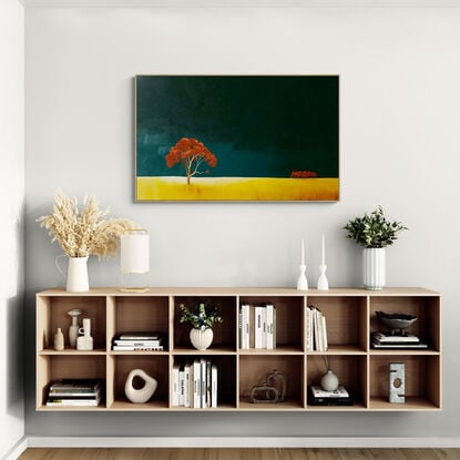 Large Australian landscape with dark teal sky and gold orange foreground with a redgum in the foreground,  stand of red trees in the distance. Lucinda Leveille, original artwork, statement