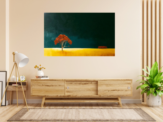 Large Australian landscape with dark teal sky and gold orange foreground with a redgum in the foreground,  stand of red trees in the distance. Lucinda Leveille, original artwork, statement