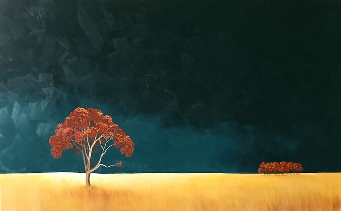 Large Australian landscape with dark teal sky and gold orange foreground with a redgum in the foreground,  stand of red trees in the distance. Lucinda Leveille, original artwork, statement