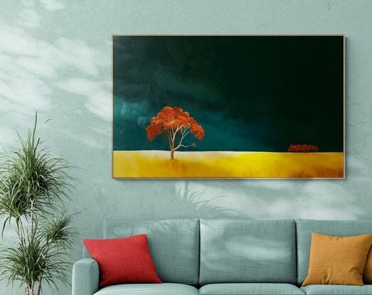 Large Australian landscape with dark teal sky and gold orange foreground with a redgum in the foreground,  stand of red trees in the distance. Lucinda Leveille, original artwork, statement