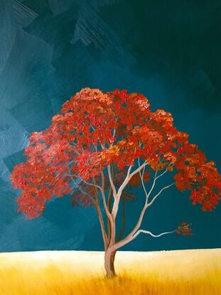 Large Australian landscape with dark teal sky and gold orange foreground with a redgum in the foreground,  stand of red trees in the distance. Lucinda Leveille, original artwork, statement