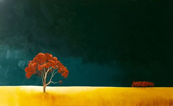 Large Australian landscape with dark teal sky and gold orange foreground with a redgum in the foreground,  stand of red trees in the distance. Lucinda Leveille, original artwork, statement