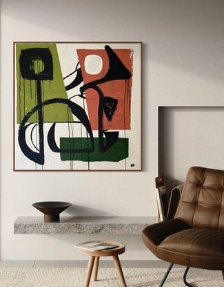 midcentury modern influenced abstract of plant shapes in black brush work on greens and beige textured background.