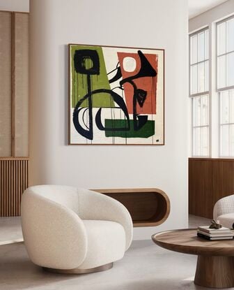 midcentury modern influenced abstract of plant shapes in black brush work on greens and beige textured background.