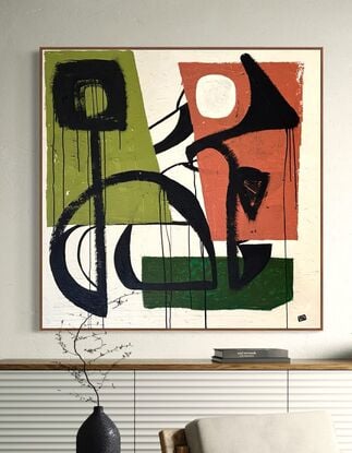 midcentury modern influenced abstract of plant shapes in black brush work on greens and beige textured background.