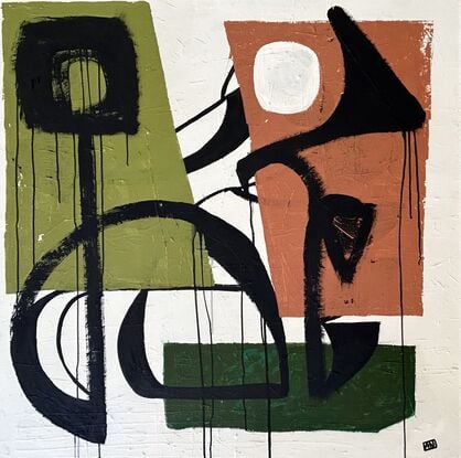 midcentury modern influenced abstract of plant shapes in black brush work on greens and beige textured background.