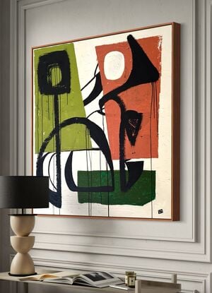 midcentury modern influenced abstract of plant shapes in black brush work on greens and beige textured background.